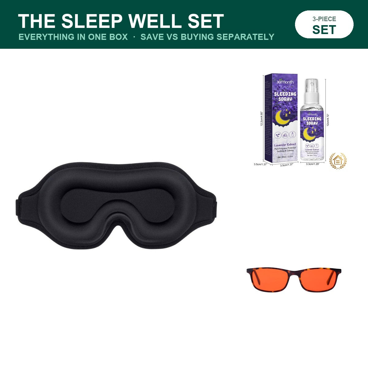 The Sleep Well Set — Mask, Mist & Blue-Light Glasses — three-piece set