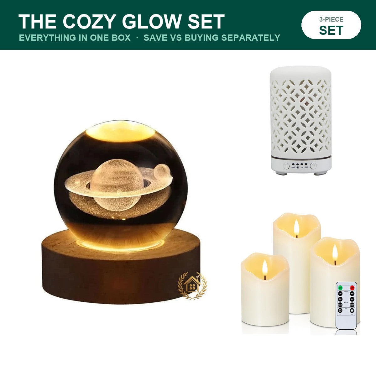 The Cozy Glow Set — Lamp, Diffuser & Candle Trio — three-piece set