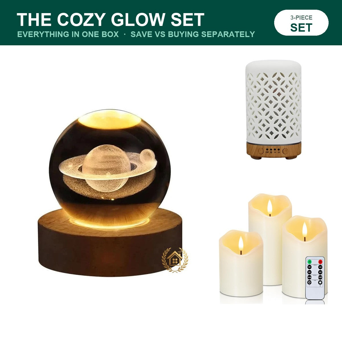 The Cozy Glow Set — Lamp, Diffuser & Candle Trio — three-piece set
